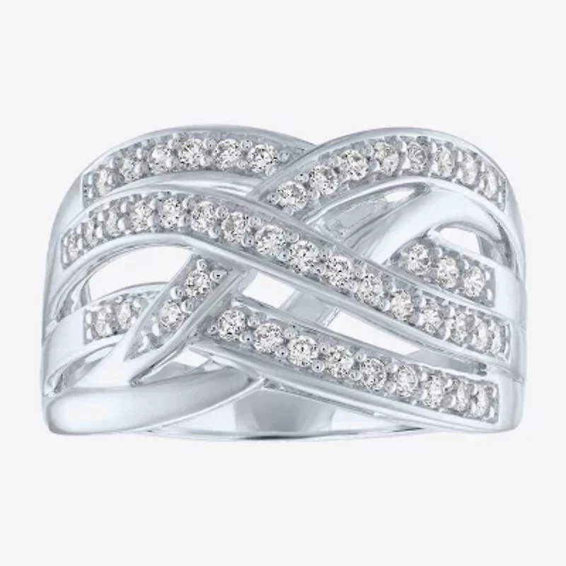 (G-H / Si2-I1) Womens 1/2 CT. T.W. Lab Grown White Diamond Sterling Silver Crossover Cocktail Ring