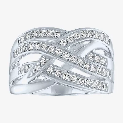 (G-H / Si2-I1) Womens 1/2 CT. T.W. Lab Grown White Diamond Sterling Silver Crossover Cocktail Ring