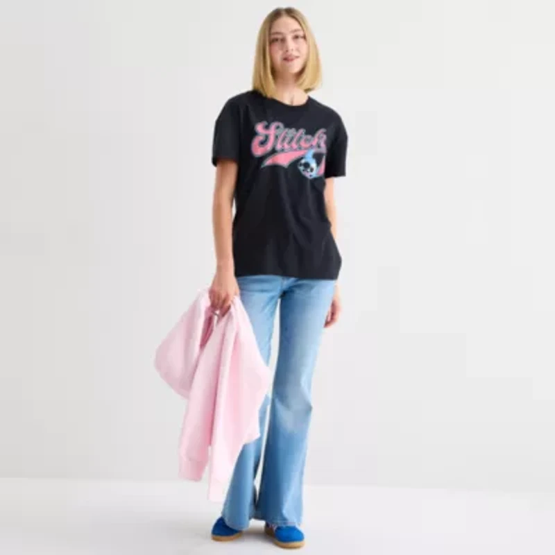 Womens Juniors Crew Neck Short Sleeve Regular Fit Lilo & Stitch Graphic T-Shirt