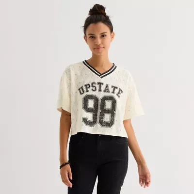 Arizona Womens V Neck Short Sleeve Boxy Fit Juniors Graphic T-Shirt