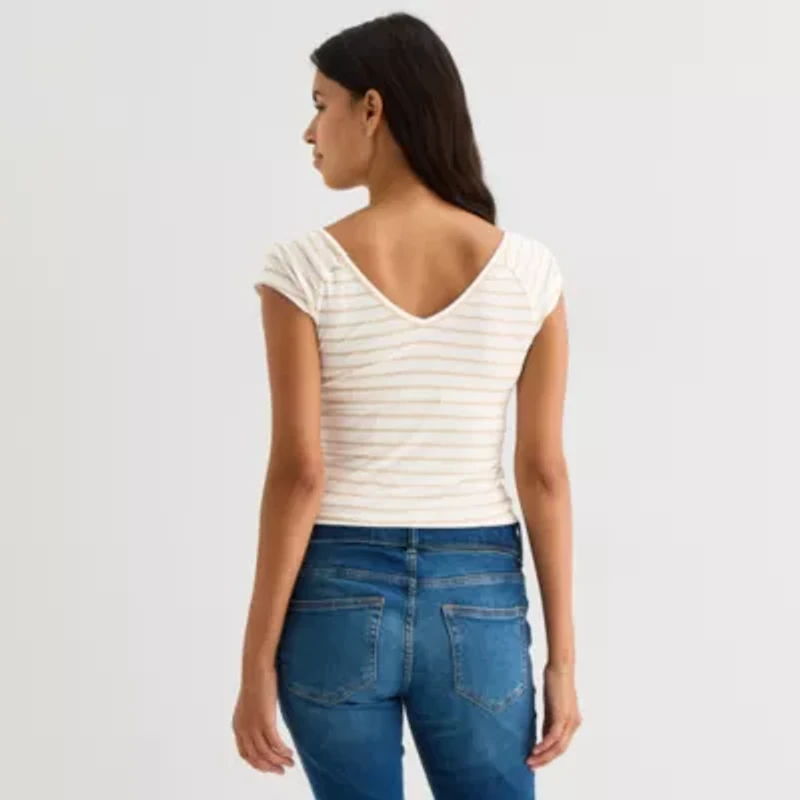 Arizona Womens V Neck Short Sleeve Juniors Layered Top