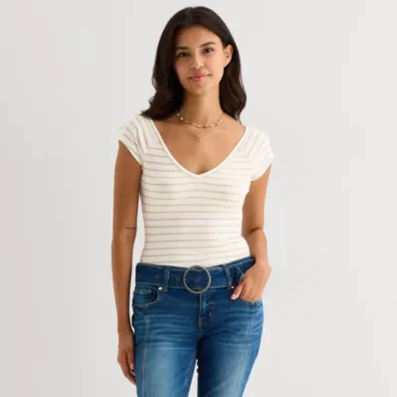 Arizona Womens V Neck Short Sleeve Juniors Layered Top