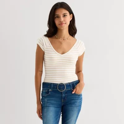 Arizona Womens V Neck Short Sleeve Juniors Layered Top
