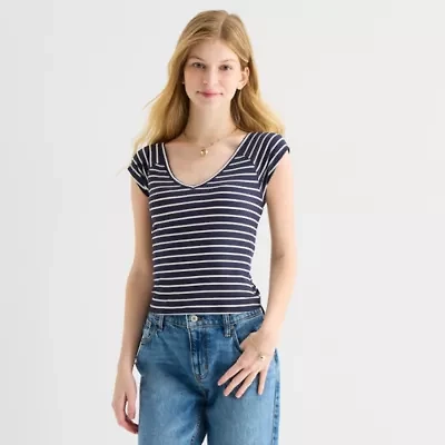 Arizona Womens V Neck Short Sleeve Juniors Layered Top