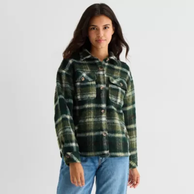 Arizona Shacket Womens Juniors Faux Fur Midweight Shirt Jacket