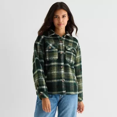 Arizona Shacket Womens Juniors Faux Fur Midweight Shirt Jacket