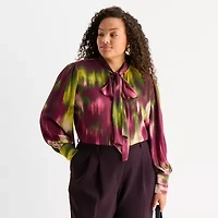 Worthington Womens Plus Split Tie Neck Long Sleeve Blouse