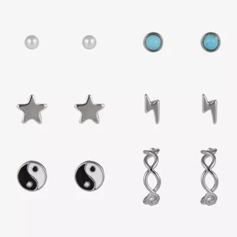 Arizona Silver Tone Womens Star Yin Yang 6 Pair Earring Set