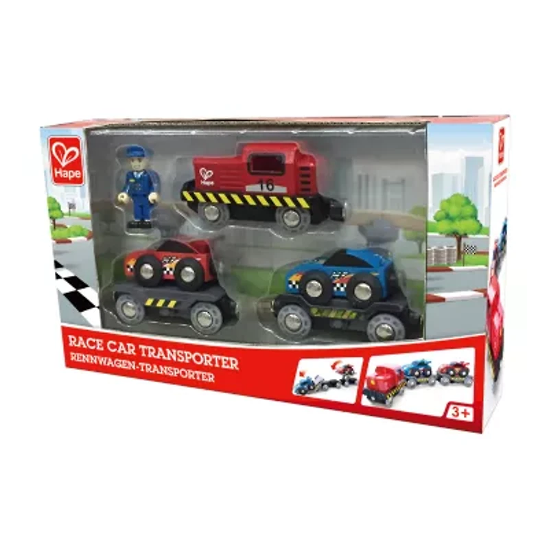 Hape Wooden Race Car Transporter Truck