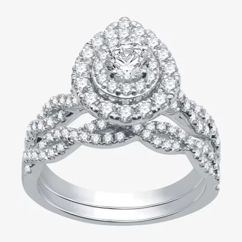Signature By Modern Bride (G / Si1 - Si2) Womens 1 1/2 CT. T.W. Lab Grown White Diamond 10K Gold Side Stone Halo Bridal Set