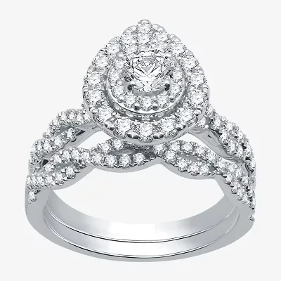 Signature By Modern Bride (G / Si1 - Si2) Womens 1 1/2 CT. T.W. Lab Grown White Diamond 10K Gold Side Stone Halo Bridal Set