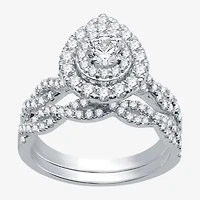 Signature By Modern Bride (G / Si1 - Si2) Womens 1 1/2 CT. T.W. Lab Grown White Diamond 10K Gold Side Stone Halo Bridal Set