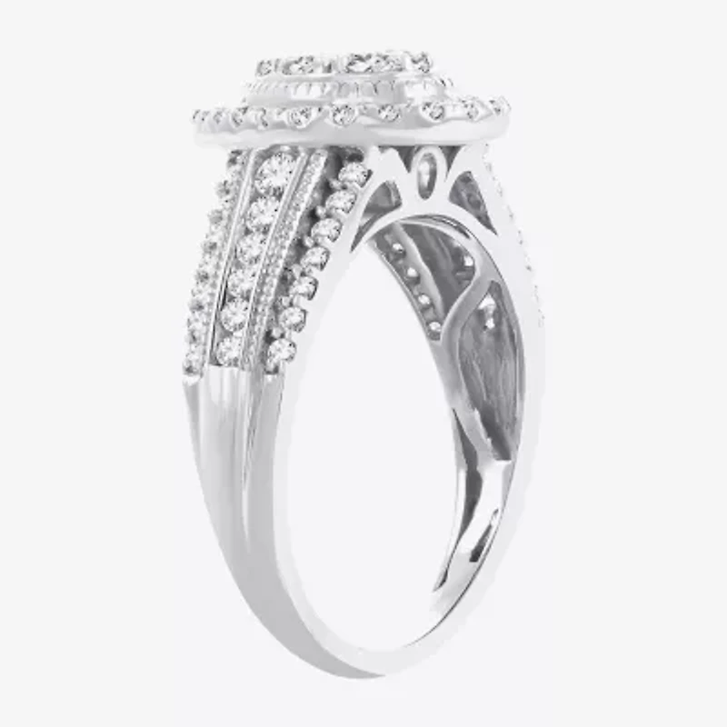 Womens 1 CT.T.W. Natural Diamond 10K or 14K White Gold Pear Side Stone Halo Engagement Ring