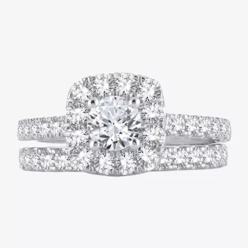 2 CT.T.W. Natural Diamond Cushion Halo Bridal Set 10K or 14K Gold