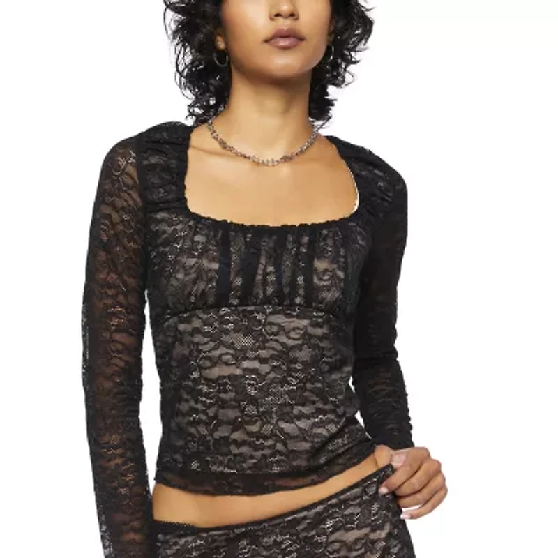 Forever 21 Womens Square Neck Long Sleeve Juniors Crop Top