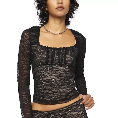 Forever 21 Womens Square Neck Long Sleeve Juniors Crop Top