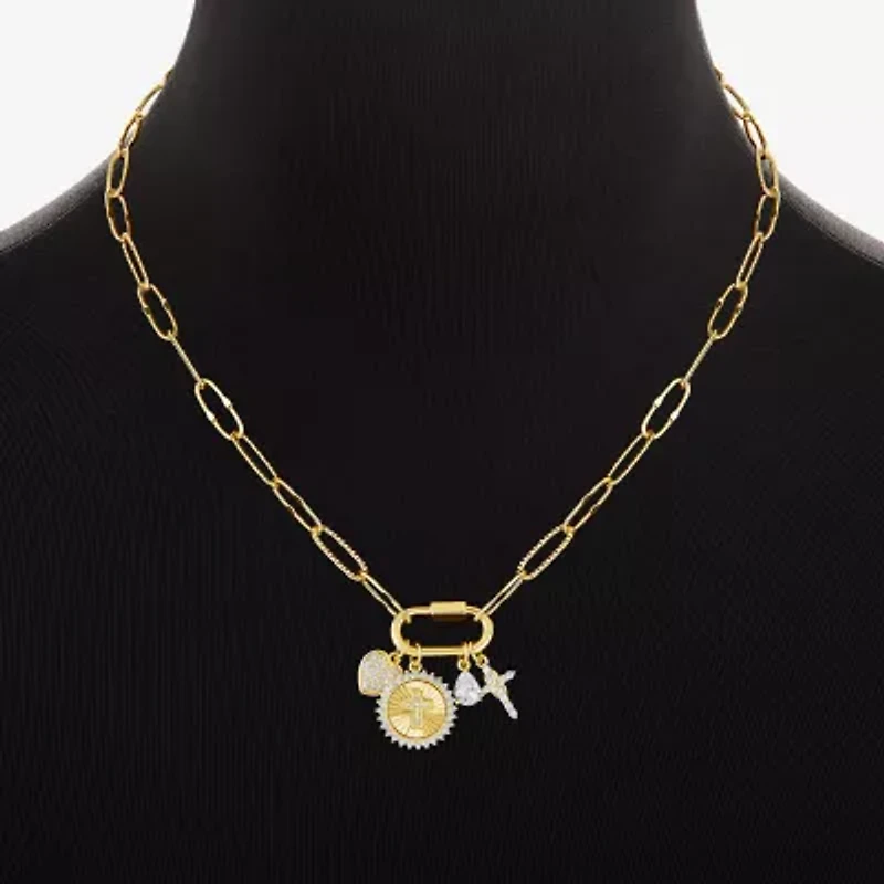 Sparkle Allure Carabiner Charm Womens White Cubic Zirconia 14K Gold Over Brass Cross Heart Paperclip 18 Inch Pendant Necklace