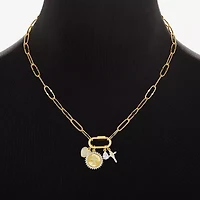 Sparkle Allure Carabiner Charm Womens White Cubic Zirconia 14K Gold Over Brass Cross Heart Paperclip 18 Inch Pendant Necklace