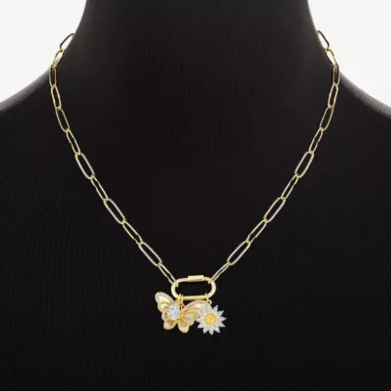 Sparkle Allure Carabiner Charm Womens White Cubic Zirconia 14K Gold Over Brass Butterfly Flower Paperclip 18 Inch Pendant Necklace
