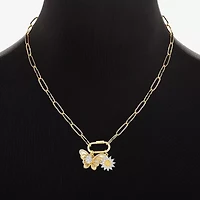 Sparkle Allure Carabiner Charm Womens White Cubic Zirconia 14K Gold Over Brass Butterfly Flower Paperclip 18 Inch Pendant Necklace