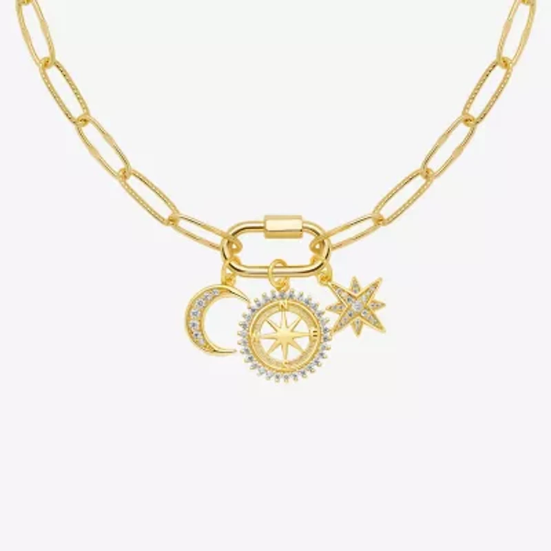 Sparkle Allure Carabiner Charm Womens White Cubic Zirconia 14K Gold Over Brass Moon Paperclip Star 18 Inch Pendant Necklace