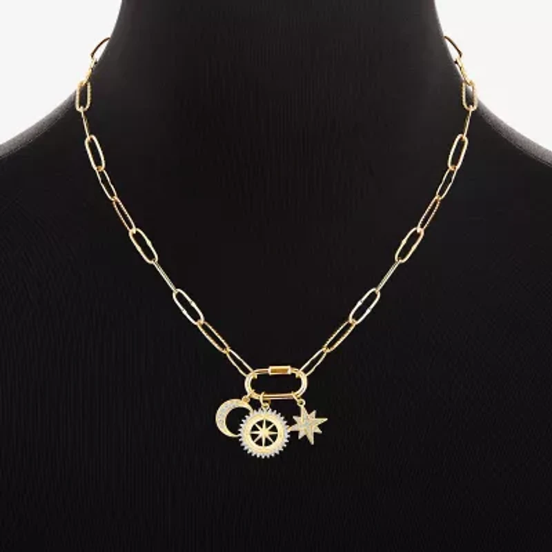 Sparkle Allure Carabiner Charm Womens White Cubic Zirconia 14K Gold Over Brass Moon Paperclip Star 18 Inch Pendant Necklace