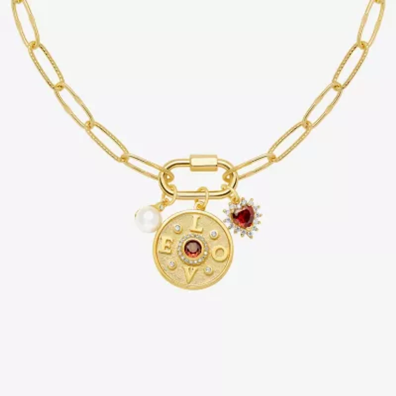 Sparkle Allure Love Carabiner Charm Womens Red Cubic Zirconia 14K Gold Over Brass Heart Paperclip 18 Inch Pendant Necklace