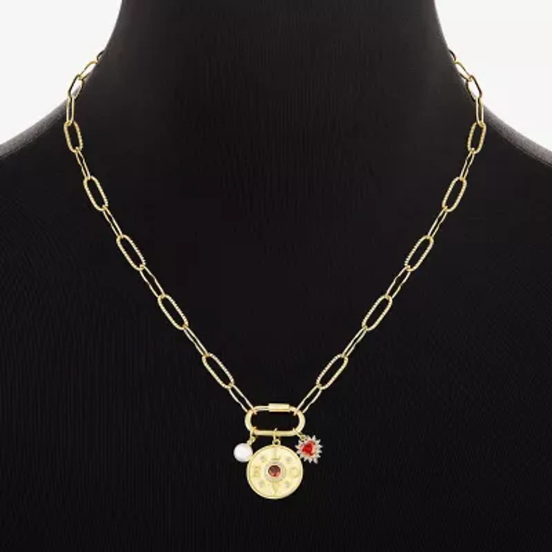 Sparkle Allure Love Carabiner Charm Womens Red Cubic Zirconia 14K Gold Over Brass Heart Paperclip 18 Inch Pendant Necklace