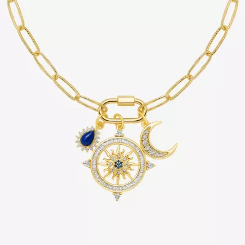 Sparkle Allure Carabiner Charm Womens Blue Cubic Zirconia 14K Gold Over Brass Moon Paperclip Sunburst 18 Inch Pendant Necklace