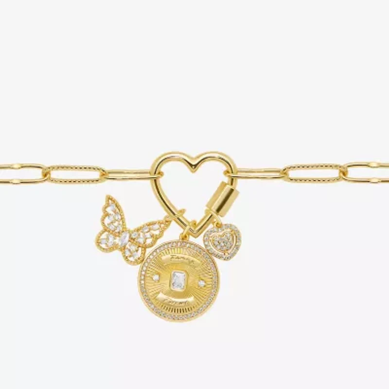 Sparkle Allure Family Carabiner Charm Womens White Cubic Zirconia 14K Gold Over Brass Butterfly Heart Paperclip 18 Inch Pendant Necklace