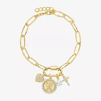 Sparkle Allure Carabiner Womens White Cubic Zirconia 14K Gold Over Brass Cross Heart Charm Bracelet