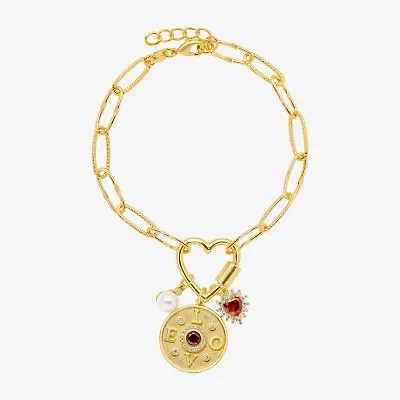 Sparkle Allure Love Carabiner Womens Red Cubic Zirconia 14K Gold Over Brass Heart Charm Bracelet