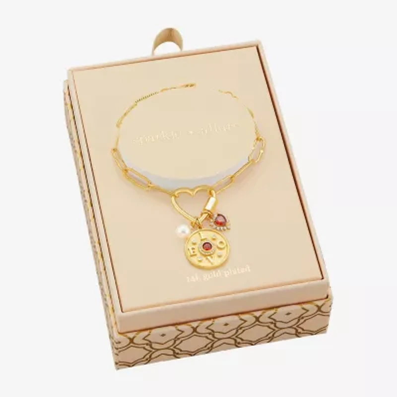Sparkle Allure Love Carabiner Womens Red Cubic Zirconia 14K Gold Over Brass Heart Charm Bracelet