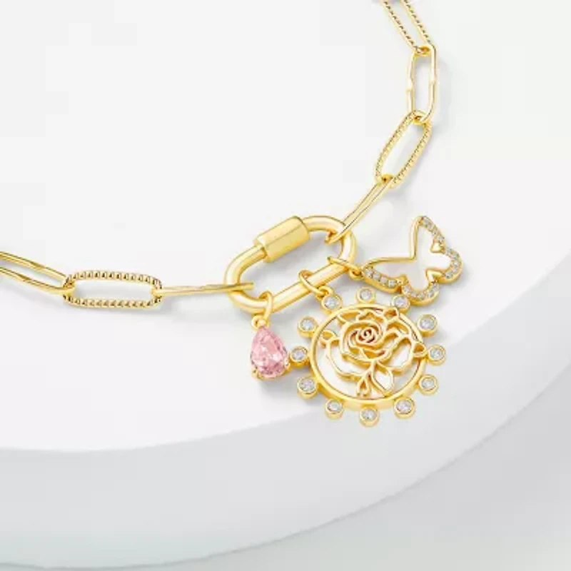 Sparkle Allure Carabiner Womens Purple Cubic Zirconia 14K Gold Over Brass Butterfly Flower Charm Bracelet