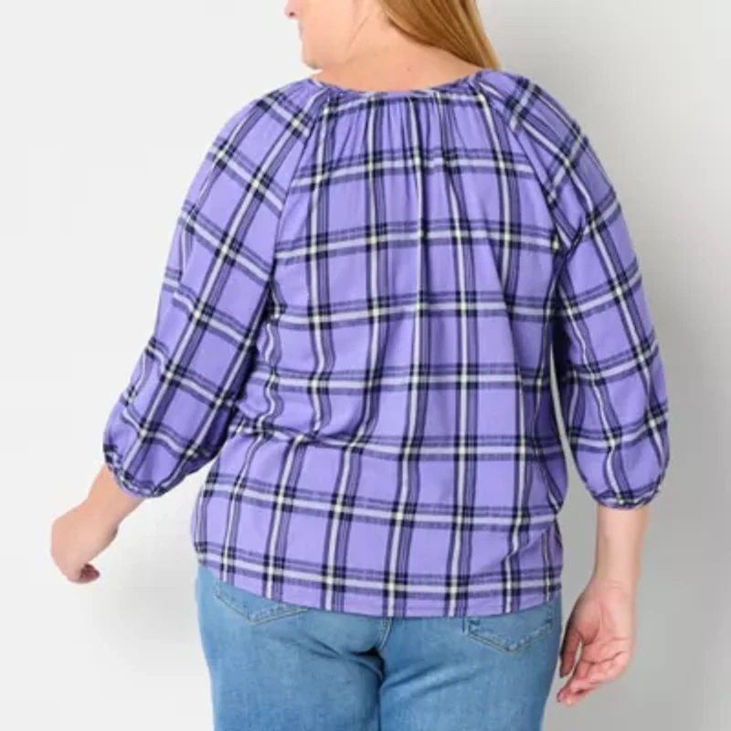 St. John's Bay Womens Plus Split Tie Neck Long Sleeve Blouse
