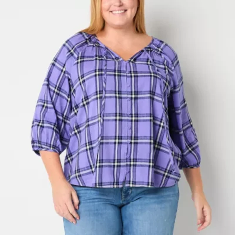 St. John's Bay Womens Plus Split Tie Neck Long Sleeve Blouse