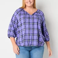 St. John's Bay Womens Plus Split Tie Neck Long Sleeve Blouse