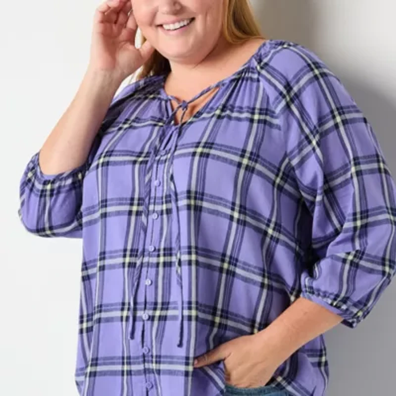 St. John's Bay Womens Plus Split Tie Neck Long Sleeve Blouse
