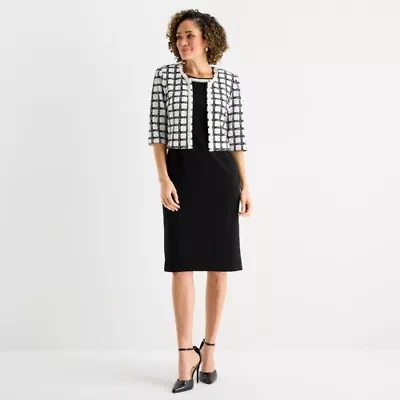 Maya Brooke Womens Pearl Trim Windowpane Jacket Dress