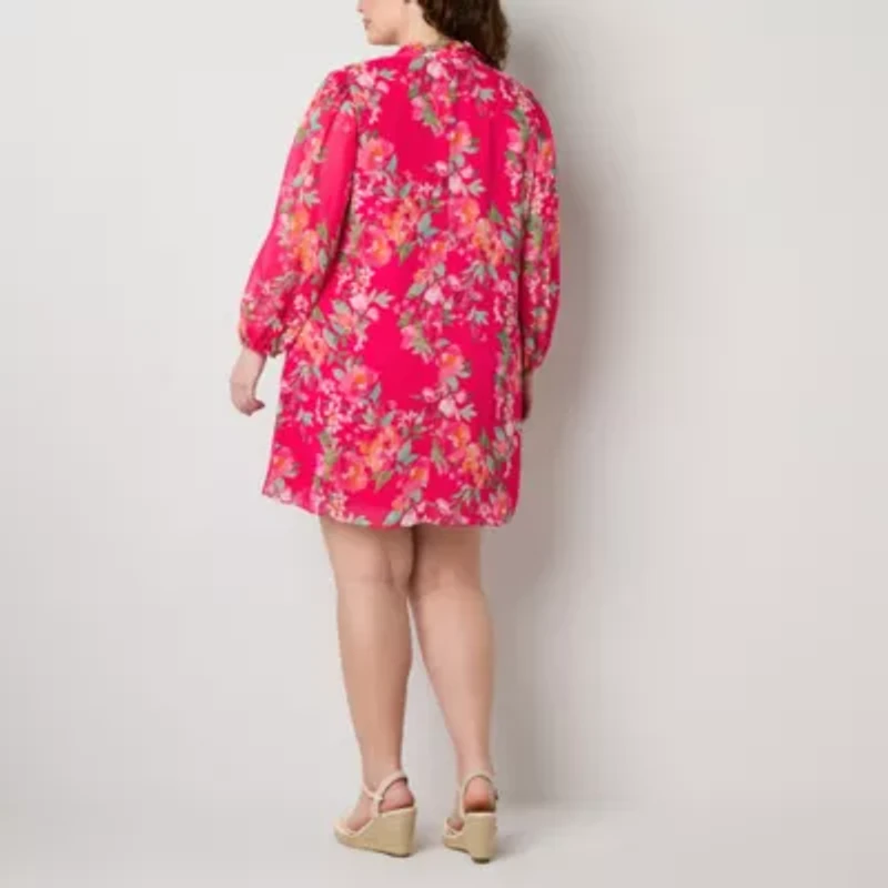 Jessica Howard Womens Plus Long Sleeve Floral Shift Dress