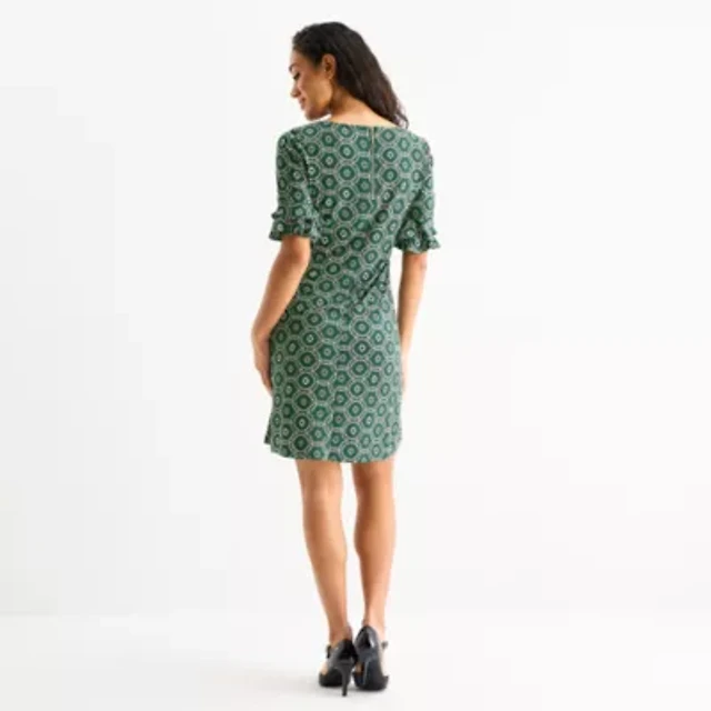 Perceptions Womens Petite Short Sleeve Geometric Shift Dress