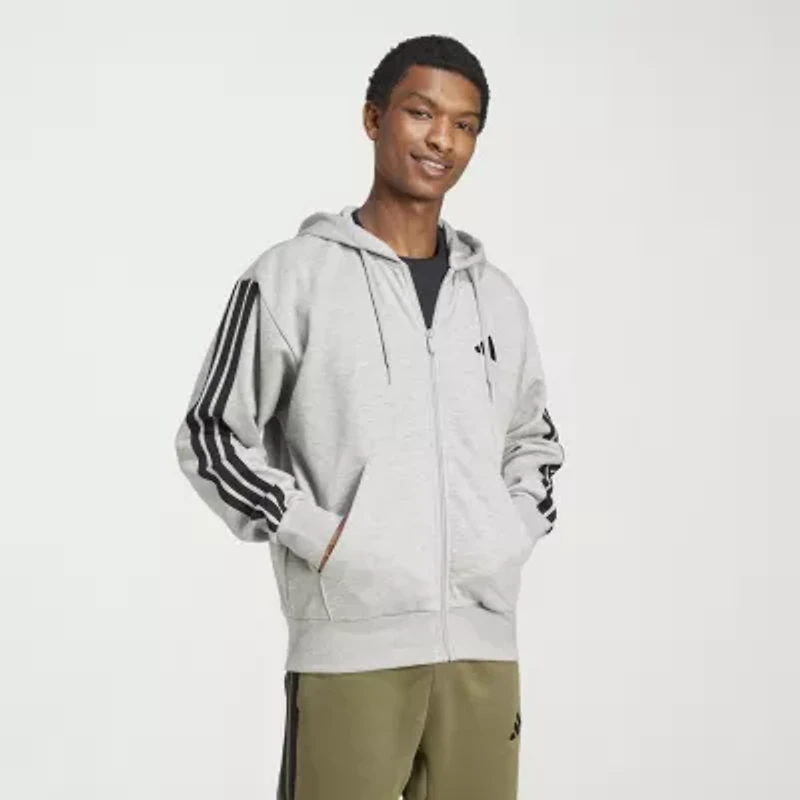 adidas 3 Stripe Full Zip Mens Hooded Long Sleeve Sweatshirt