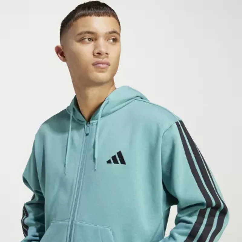 adidas 3 Stripe Full Zip Mens Long Sleeve Fleece Zipper Active Hoodie