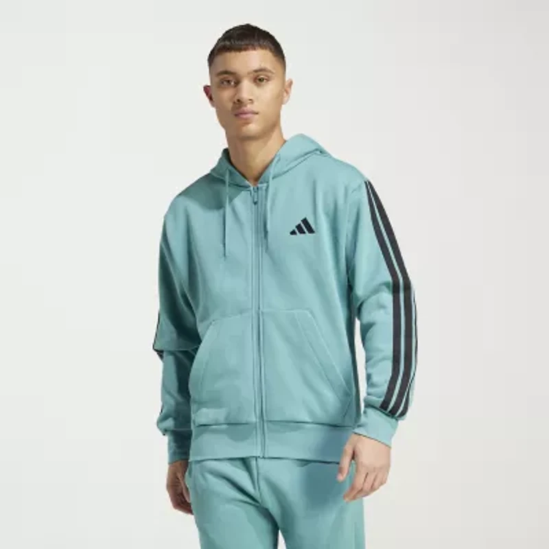 adidas 3 Stripe Full Zip Mens Long Sleeve Fleece Zipper Active Hoodie