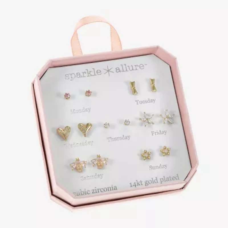 Sparkle Allure Days Of The Week Bee Womens Cubic Zirconia 14K Gold Over Brass Bow Flower 7 Pair Earring Set