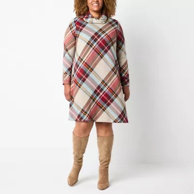 R & K Originals Womens Long Sleeve Plaid Plus Shift Dress