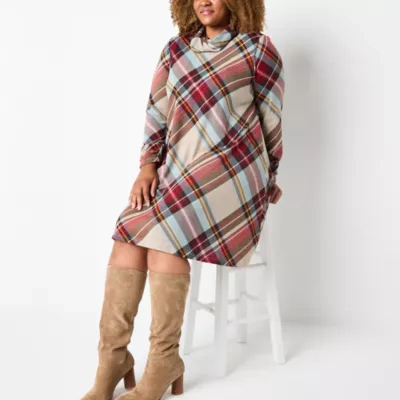 R & K Originals Womens Long Sleeve Plaid Plus Shift Dress