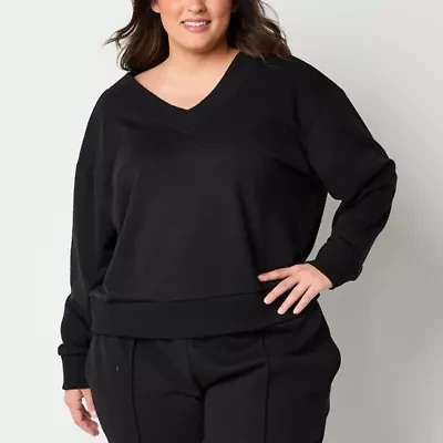 Xersion Womens Plus Classic French Terry V Neck Long Sleeve Sweatshirt