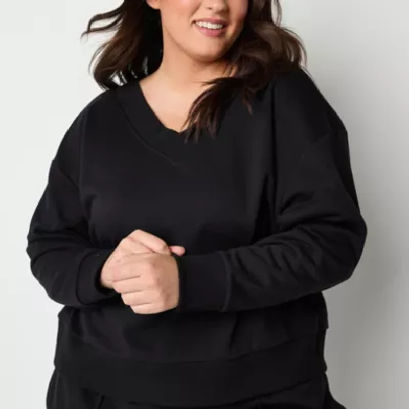 Xersion Womens Plus Classic French Terry V Neck Long Sleeve Sweatshirt