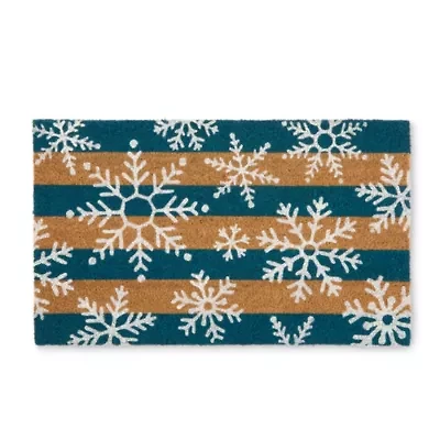 North Pole Trading Co. Blue Stripe Snowflakes Indoor Outdoor Rectangular Doormat